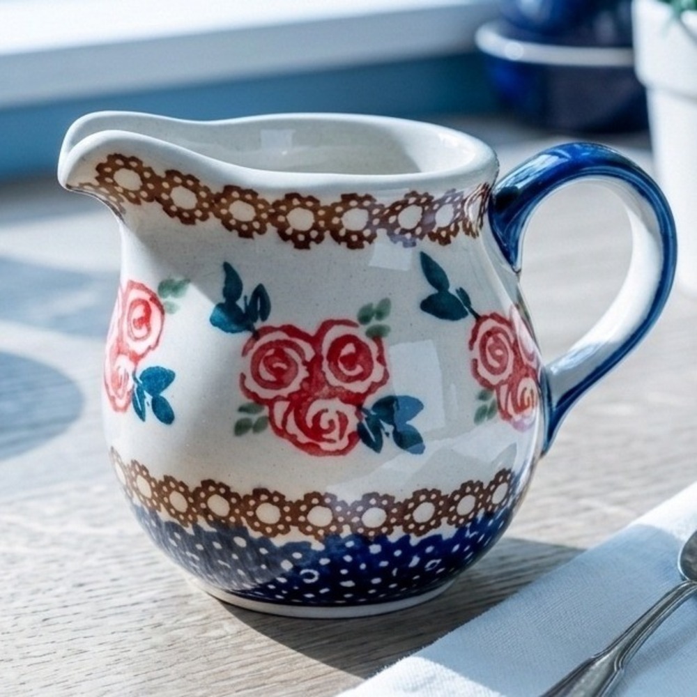 Vintage Manufaktura Polish Pottery Creamer Pitcher Red Rose Blue Polka Dot D.